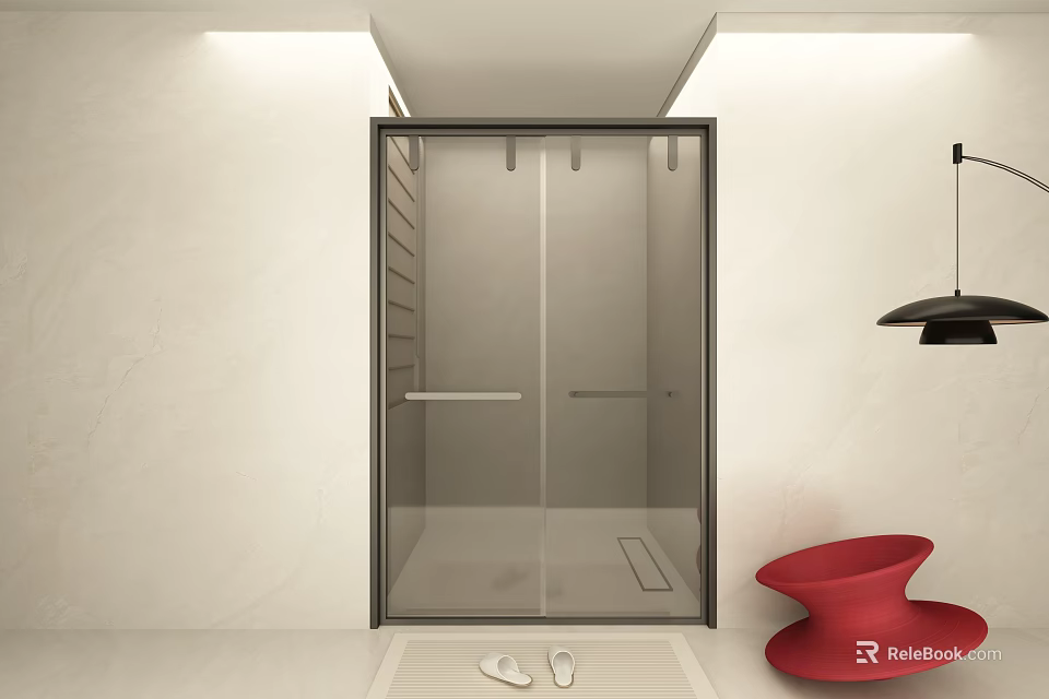 Modern Bathroom Shower Enclosure With Clear Glass Sliding Door And Red Chair 3d model 
