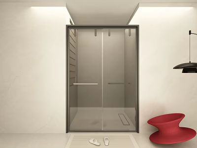 Modern Bathroom Shower Enclosure With Clear Glass Sliding Door And Red Chair 3d model