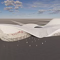 Modern Architectural Structure With White Curved Roof Green Lawn And Cloudy Blue Sky