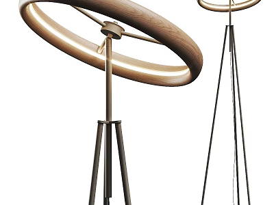 Modern Floor Lamp With Circular Light Ring And Wooden Tripod Stand Design 3d model