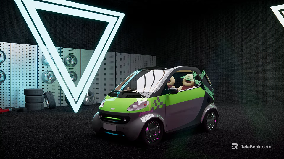 Green And Gray Compact Two Seater Car With Transparent Roof And White Triangle Neon Light 3d model 