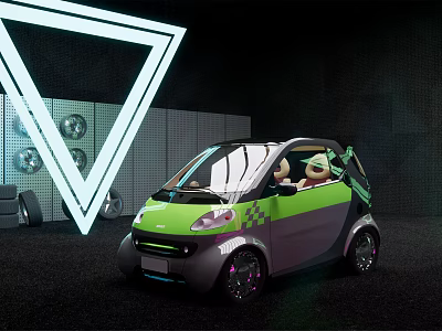 Green And Gray Compact Two Seater Car With Transparent Roof And White Triangle Neon Light 3d model
