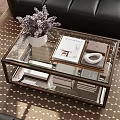 Modern Glass Coffee Table With White Flower Pot Purple Flowers Magazine And Geometric Rug