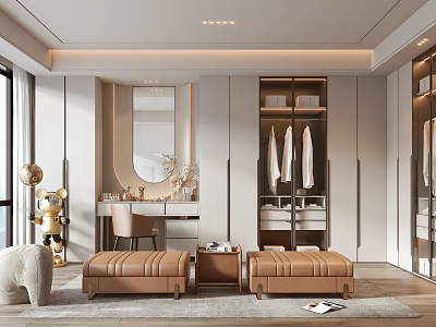 Elegant Modern Walk In Closet Interior With Built In Cabinets Round Mirror And Brown Stools 3d model