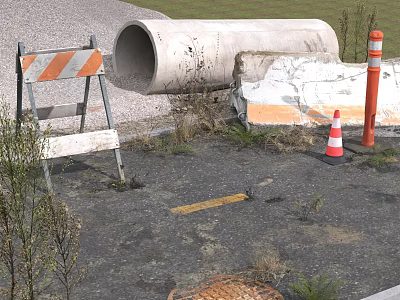 Ongoing Municipal Road Construction Site With Large Concrete Pipe Traffic Barriers And Orange Cones 3d model