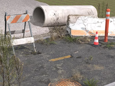 Ongoing Municipal Road Construction Site With Large Concrete Pipe Traffic Barriers And Orange Cones 3d model