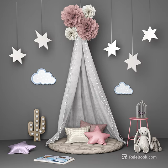 Rabbit Doll In Kids Room With Canopy Tent Stars Clouds And Cactus Decor 3d model 