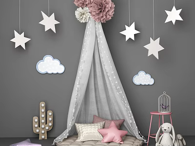 Rabbit Doll In Kids Room With Canopy Tent Stars Clouds And Cactus Decor 3d model