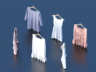 Various Clothes With Ruffled Edges Hanging On Hangers In Purple White Pink 3d model