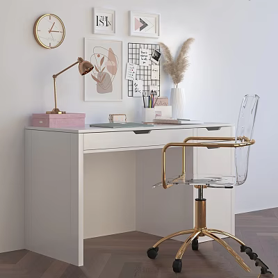 Modern White Desk with Transparent Chair Gold Accents Tabletop Items and Wall Decor 3d model