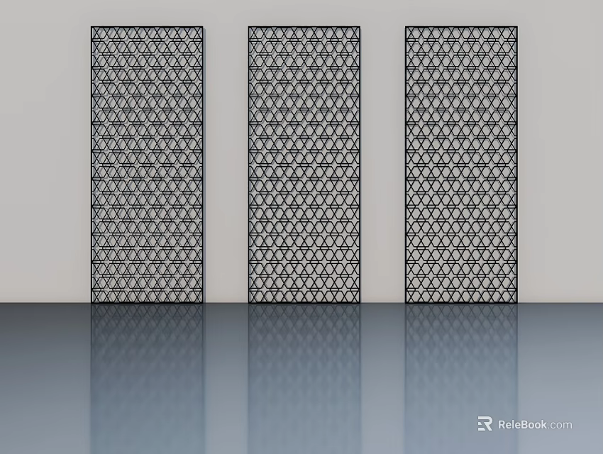 Three Hinged Doors With Geometric Patterns On White Wall And Smooth Floor Reflections 3d model 