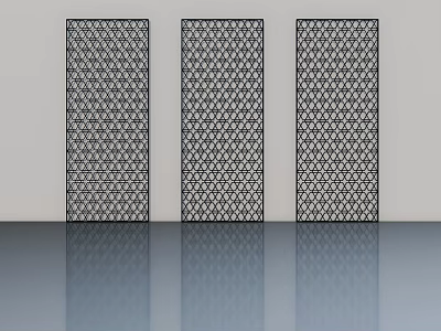 Three Hinged Doors With Geometric Patterns On White Wall And Smooth Floor Reflections 3d model
