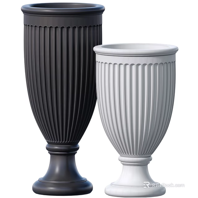 Decorative Ornament Set Featuring Black And White Fluted Vases With Pedestal Bases 3d model 