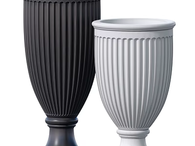 Decorative Ornament Set Featuring Black And White Fluted Vases With Pedestal Bases 3d model