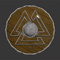 Traditional Wooden Shield With Central Metal Dome Geometric Patterns And Metallic Rim