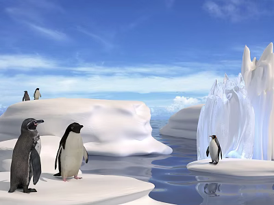 Scenic Arctic Landscape Featuring Snowy Icebergs Penguins Clear Blue Sky And Calm Water 3d model