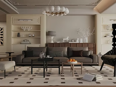 Modern Living Room Interior With Neutral Tones Chandelier Sofa Coffee Tables And Patterned Rug 3d model
