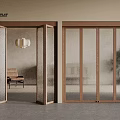 Modern Interior Space Featuring Wooden Framed Folding Doors With Glass Panels Open And Closed