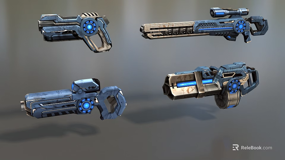 Futuristic Sci Fi Weapons With Blue Glowing Elements And Metallic Mechanical Design 3d model 