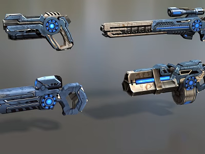 Futuristic Sci Fi Weapons With Blue Glowing Elements And Metallic Mechanical Design 3d model