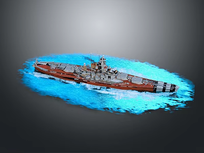 Red And Gray Warship Model With Deck Superstructure On Blue Water Surface 3d model