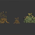 Three Plant Models Featuring Brown Rhizome Organs And Hair Like Branches With Green Flowering Plant