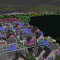 Traditional Chinese Architecture Lakefront Birds Eye View Planning With Misty Mountains And Evening Lights