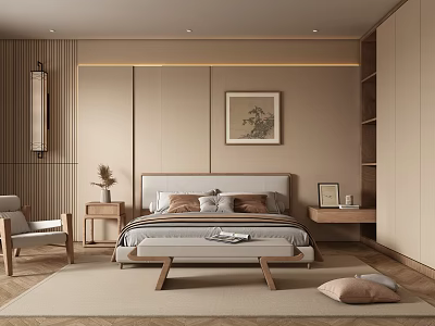 Modern Bedroom Interior Design With Upholstered Bed Wooden Nightstands Accent Chair Area Rug And Framed Art 3d model
