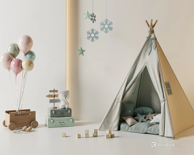 Adorable Kids Teepee Tent With Balloons Blocks Stuffed Bear And Star Snowflake Decorations 3d model 
