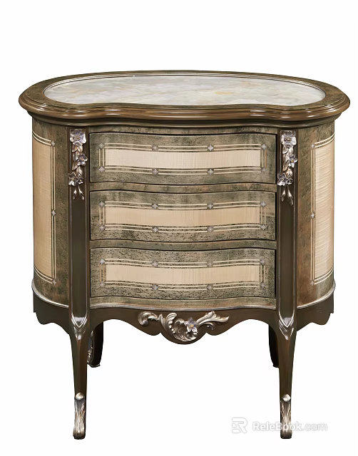 Vintage Bedside Table With Carved Details And Rattan Drawer Panels 3d model 