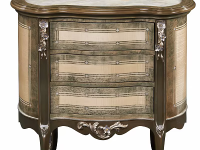 Vintage Bedside Table With Carved Details And Rattan Drawer Panels 3d model