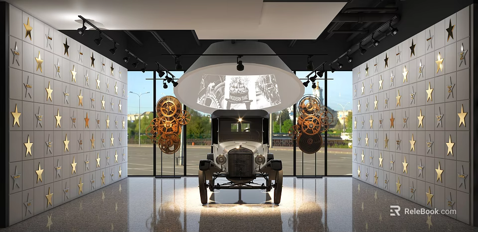 Classic Exhibition Hall Showcasing Vintage Car Gear Decorations Glass Walls And Projection 3d model 