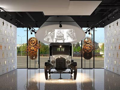 Classic Exhibition Hall Showcasing Vintage Car Gear Decorations Glass Walls And Projection 3d model