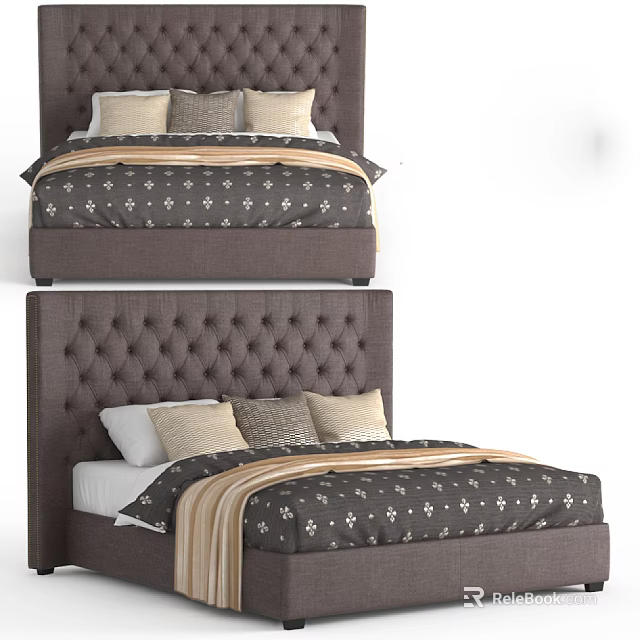 Modern Gray Tufted Headboard Double Bed With Decorative Pillows And Striped Blanket 3d model 