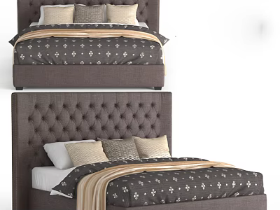 Modern Gray Tufted Headboard Double Bed With Decorative Pillows And Striped Blanket 3d model