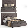 Modern Gray Tufted Headboard Double Bed With Decorative Pillows And Striped Blanket