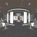 Modern Hair Salon Interior With Circular Design Mirrored Walls And White Styling Chairs