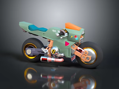 Unique Green Concept Motorcycle With Blue Seat Orange Accents Alloy Wheels And Exhaust Design 3d model