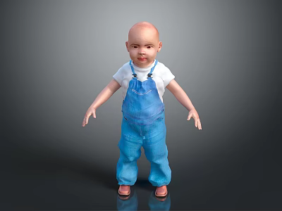 Bald Head Game Character In White T-shirt And Blue Overalls Standing On Dark Background 3d model