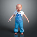 Bald Head Game Character In White T-shirt And Blue Overalls Standing On Dark Background