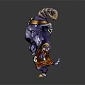 Purple Horned 3D Character Creature With Golden Horns Beard Blue Gem Earrings And Decorative Outfit