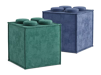 Cube Shaped Velvet Stools In Green And Navy Blue With Round Cushions 3d model