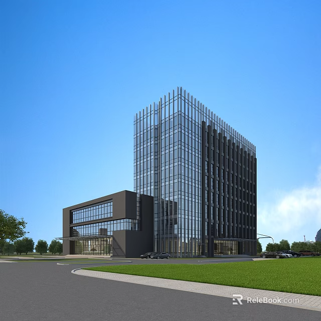 Tall Modern Office Building With Glass Curtain Wall Adjacent Low Structure And Green Lawn Surroundings 3d model 