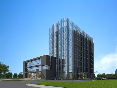 Tall Modern Office Building With Glass Curtain Wall Adjacent Low Structure And Green Lawn Surroundings 3d model