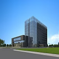 Tall Modern Office Building With Glass Curtain Wall Adjacent Low Structure And Green Lawn Surroundings