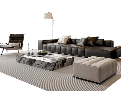 Modern Sofa and Coffee Table Set with Black Leather Sofa Marble Table and Beige Ottoman 3d model