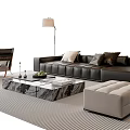 Modern Sofa and Coffee Table Set with Black Leather Sofa Marble Table and Beige Ottoman 3d model