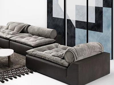 Modern Sofa and Coffee Table Set With Plush Grey Upholstery And Geometric Wall Decor 3d model