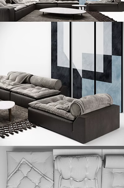 Modern Sofa and Coffee Table Set With Plush Grey Upholstery And Geometric Wall Decor 3d model