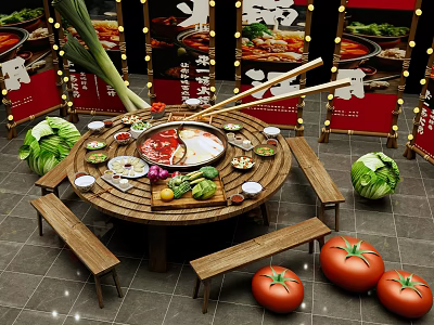 Traditional Hot Pot Meal On Round Wooden Table With Wooden Benches Fresh Vegetables And String Lights 3d model